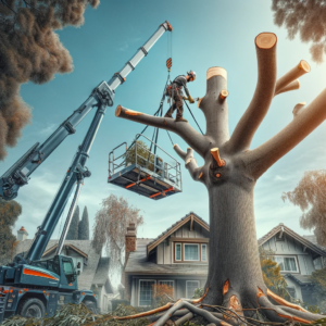 professional arborist using a tree crane to carefully remove a large tree branch